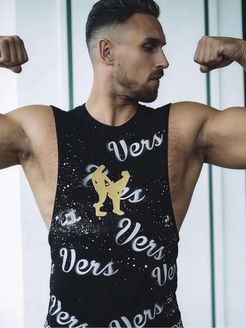 Vers Print Black Muscle Tank with Gold Accent